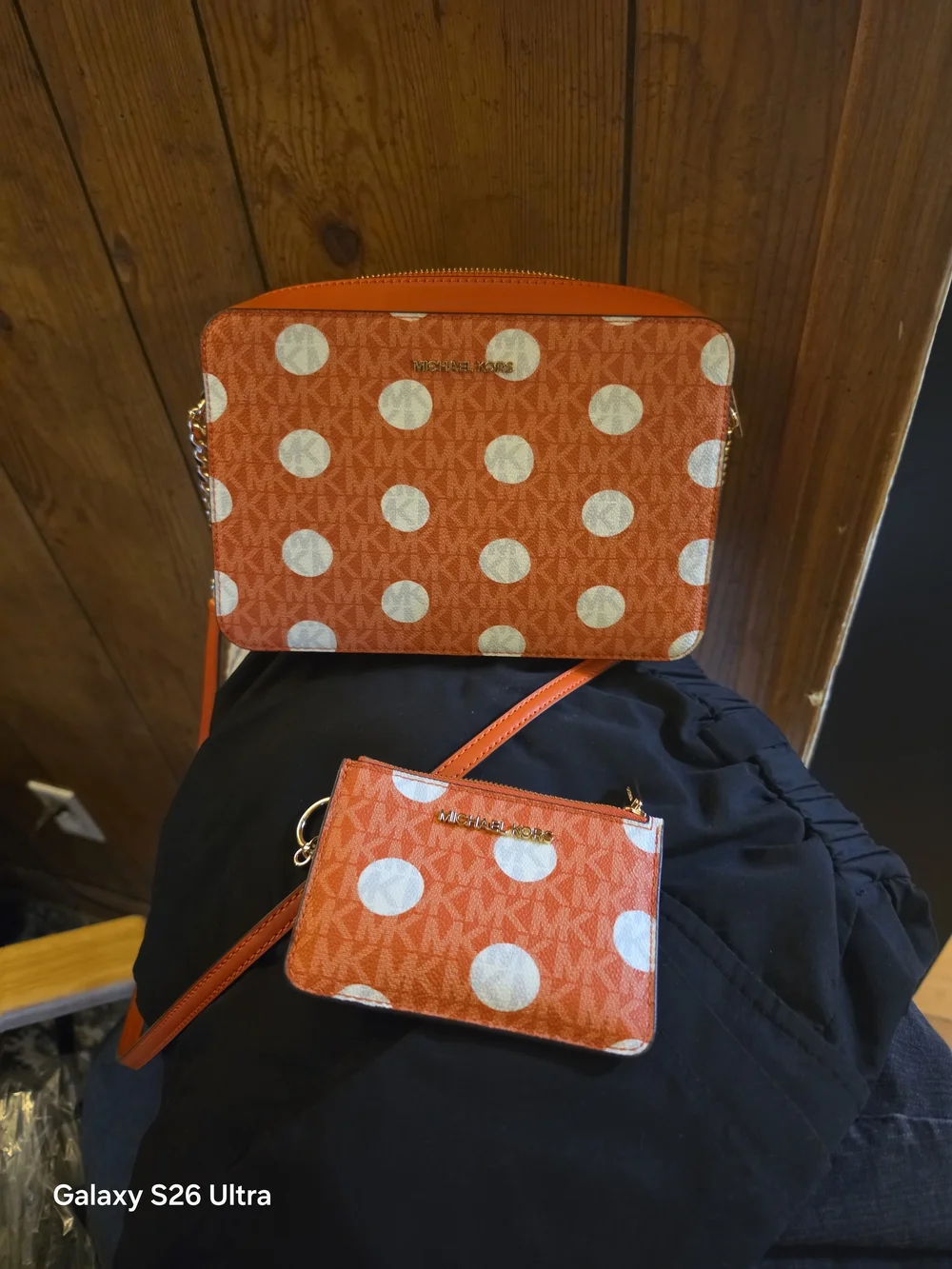 Michael Kors Orange Polka Dot Card Case & Crossbody Wallet Set